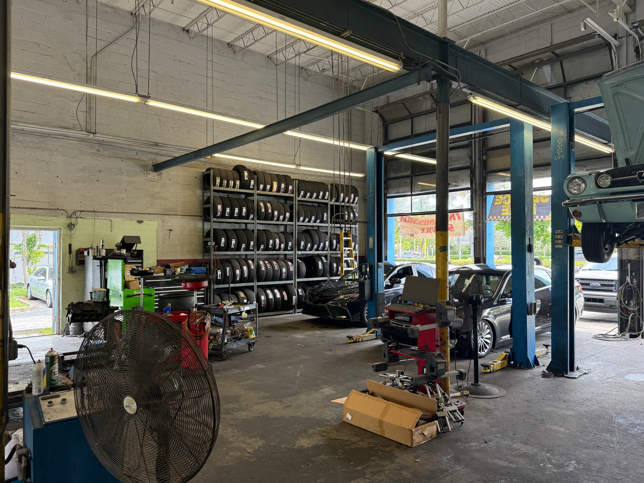 A wide view down the shop floor at Marka Tires & Auto Repair